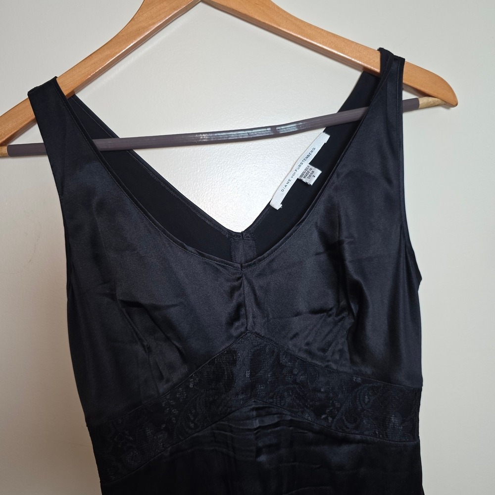Diane Von Furstenberg Black Silk Slip Dress Lace  Sheer Ruffle Size 2 90s Style
